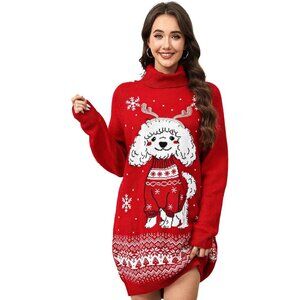 Christmas Ugly Cartoon Pattern Oversized Turtleneck Sweater Dress Pockets